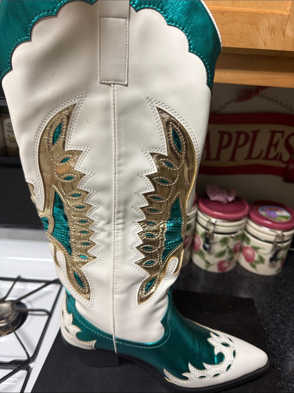 Women’s Teal and White Embroidered Heeled Cowboy Boots - Picture 1 of 6
